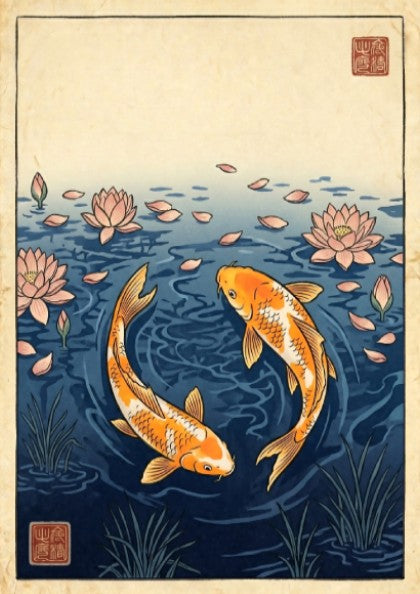 Koi fish poster featuring orange koi and pink lotus petals in Japanese art style