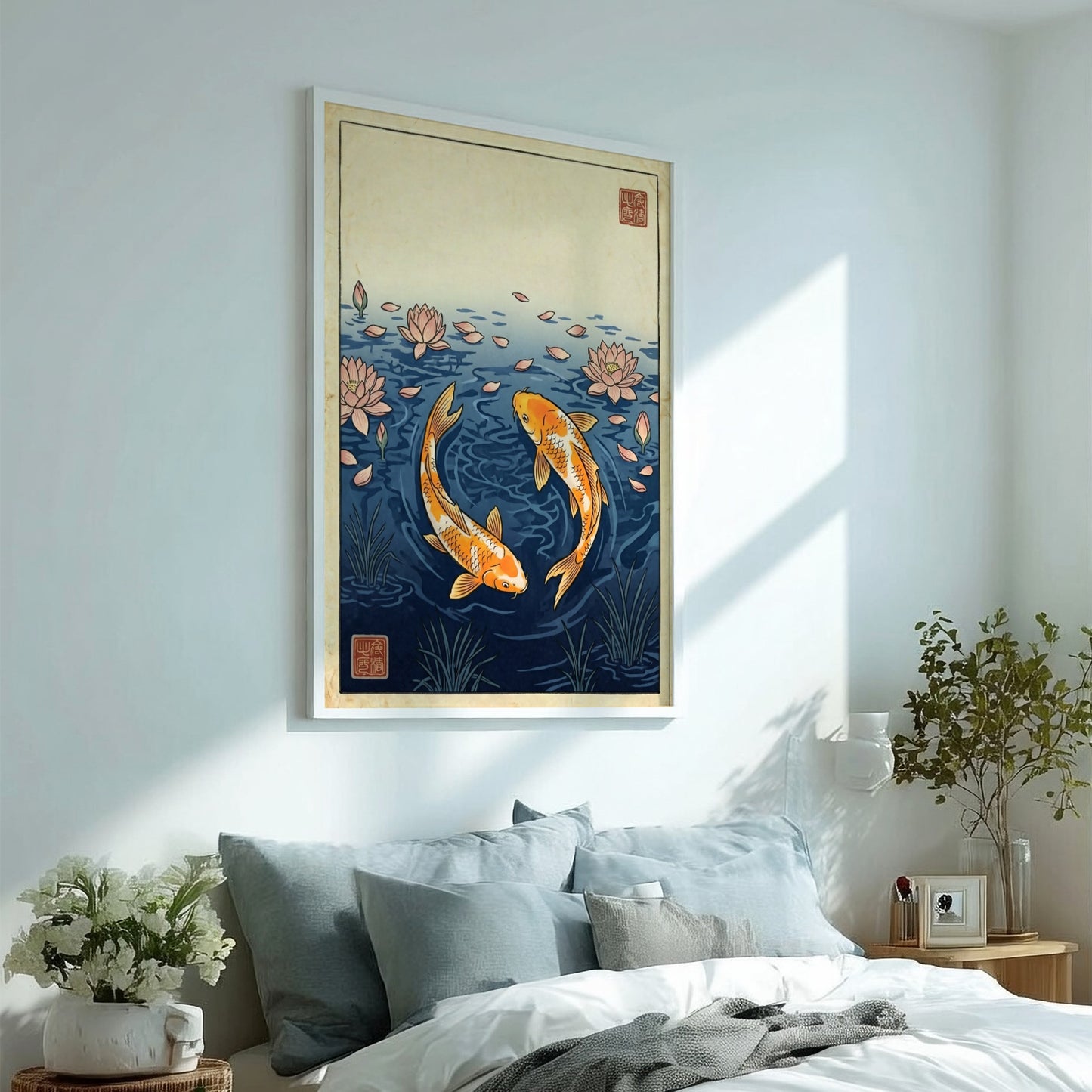 Koi fish poster featuring orange koi and pink lotus petals in Japanese art style
