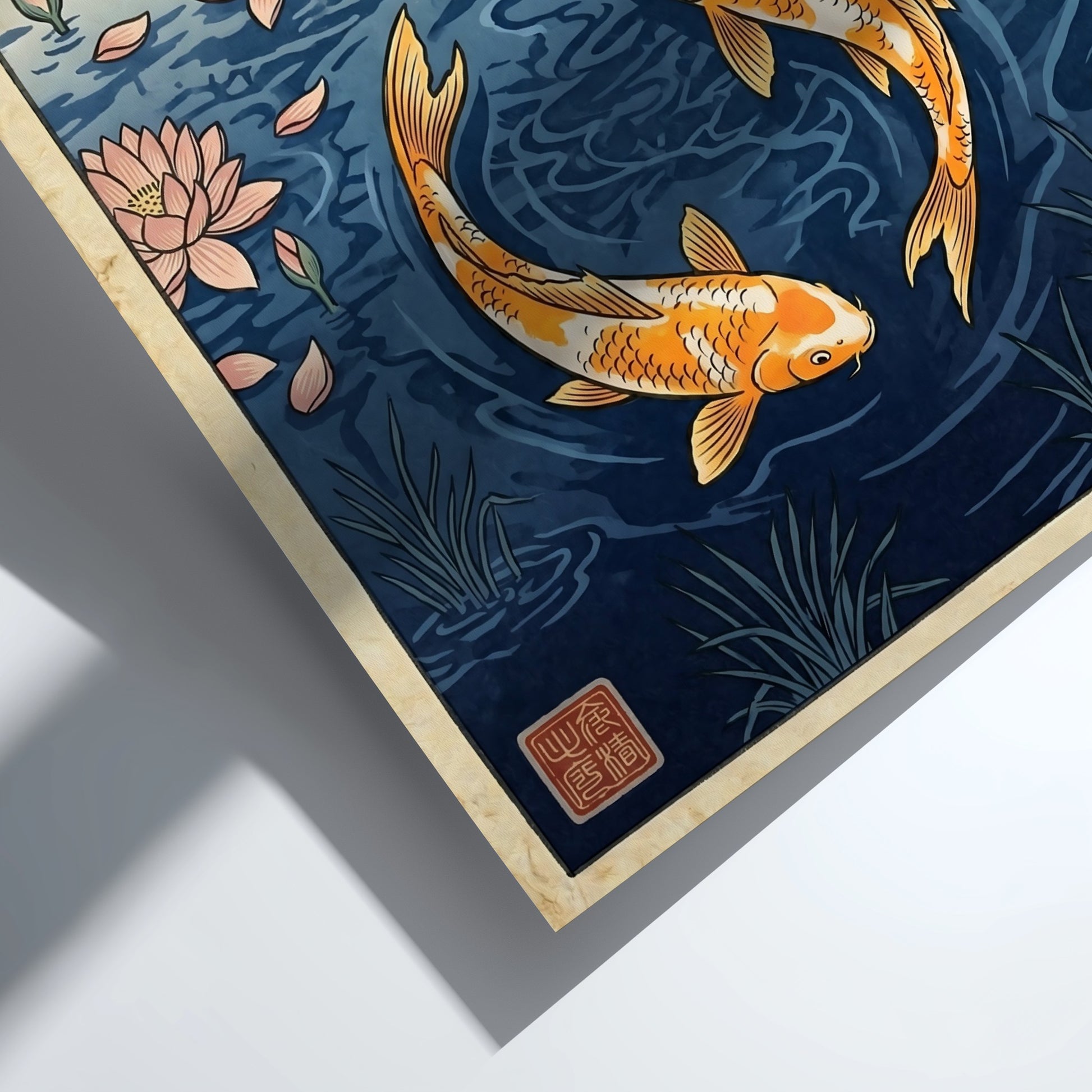 Koi fish poster featuring orange koi and pink lotus petals in Japanese art style