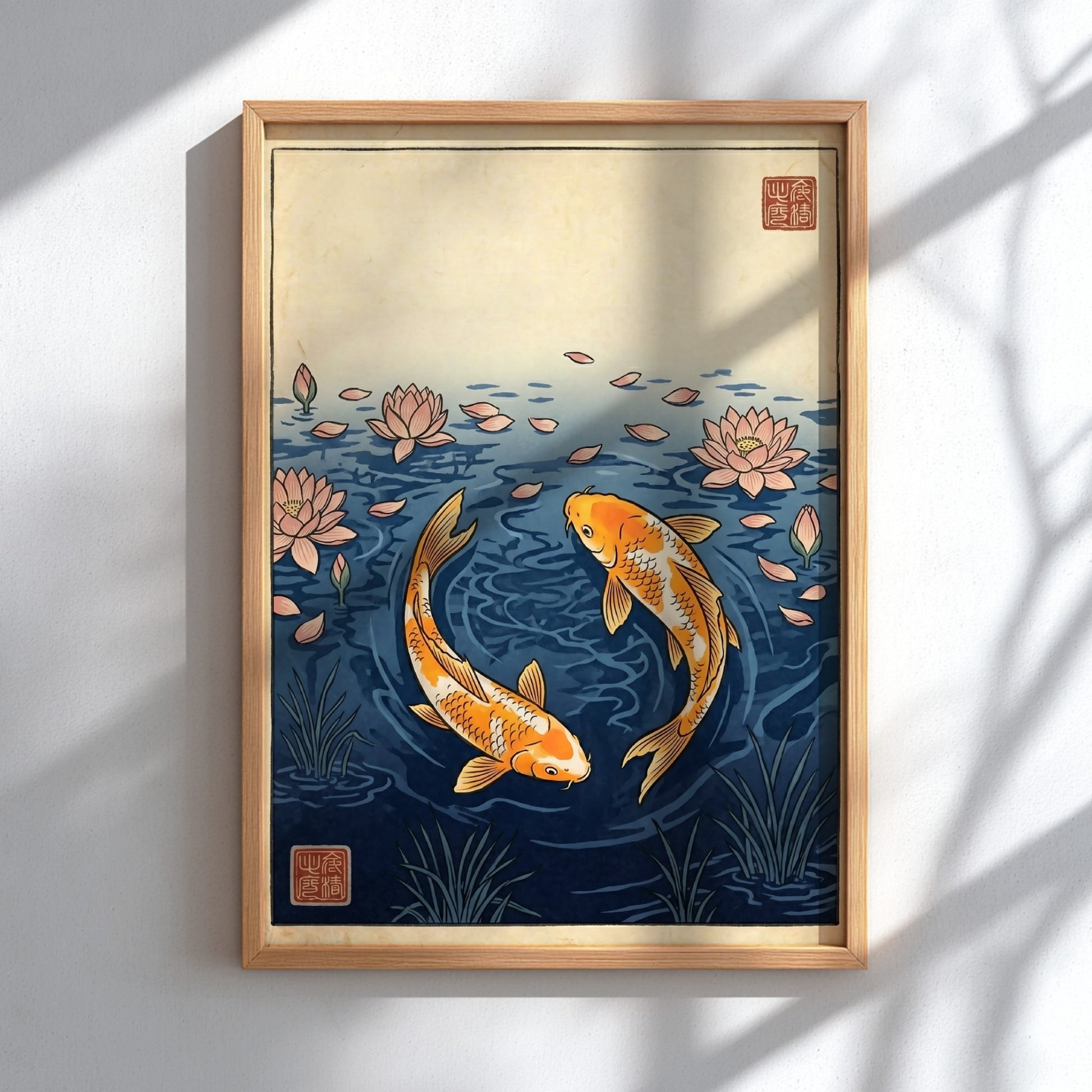 Koi fish poster featuring orange koi and pink lotus petals in Japanese art style
