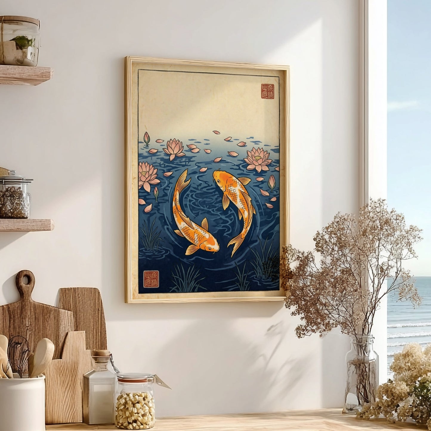 Koi fish poster featuring orange koi and pink lotus petals in Japanese art style
