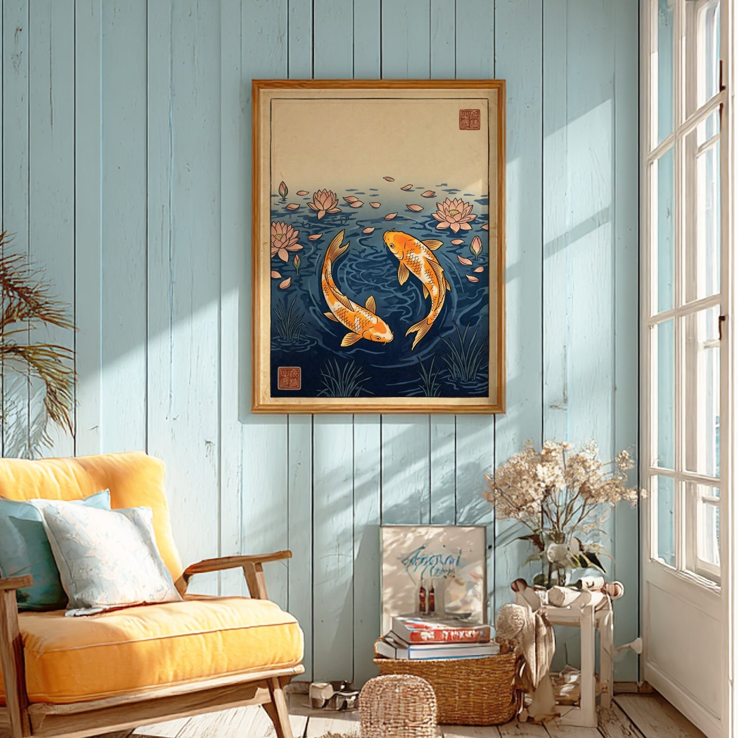 Koi fish poster featuring orange koi and pink lotus petals in Japanese art style