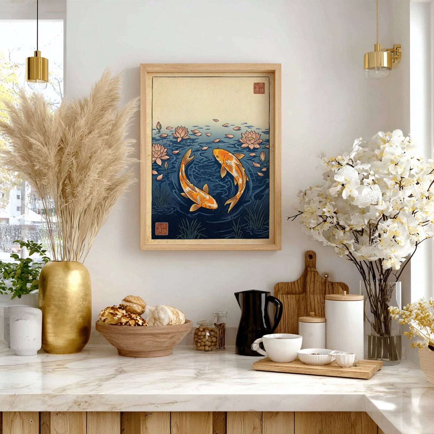 Koi fish poster featuring orange koi and pink lotus petals in Japanese art style