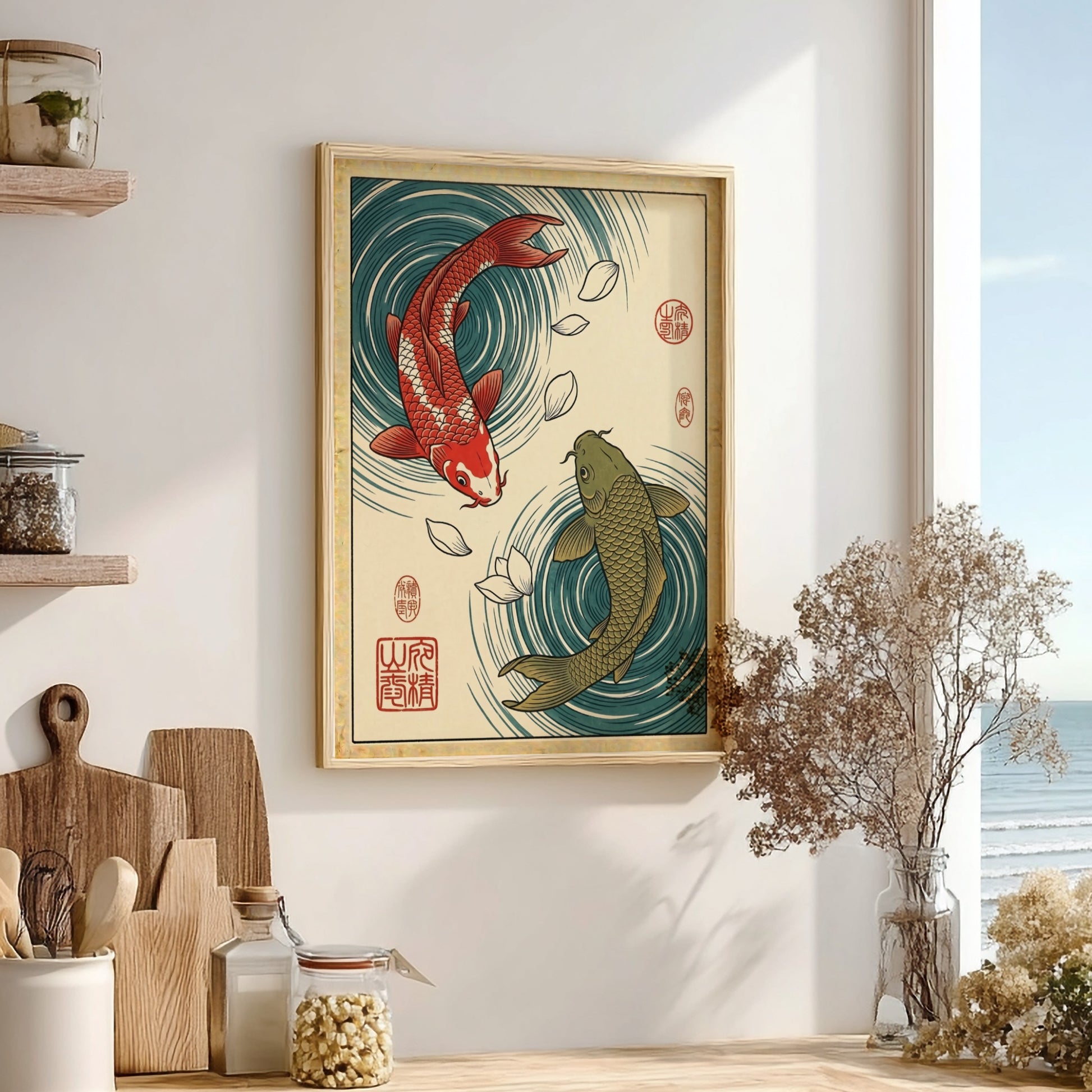 Koi fish poster featuring red and green koi in blue water, Japanese art style