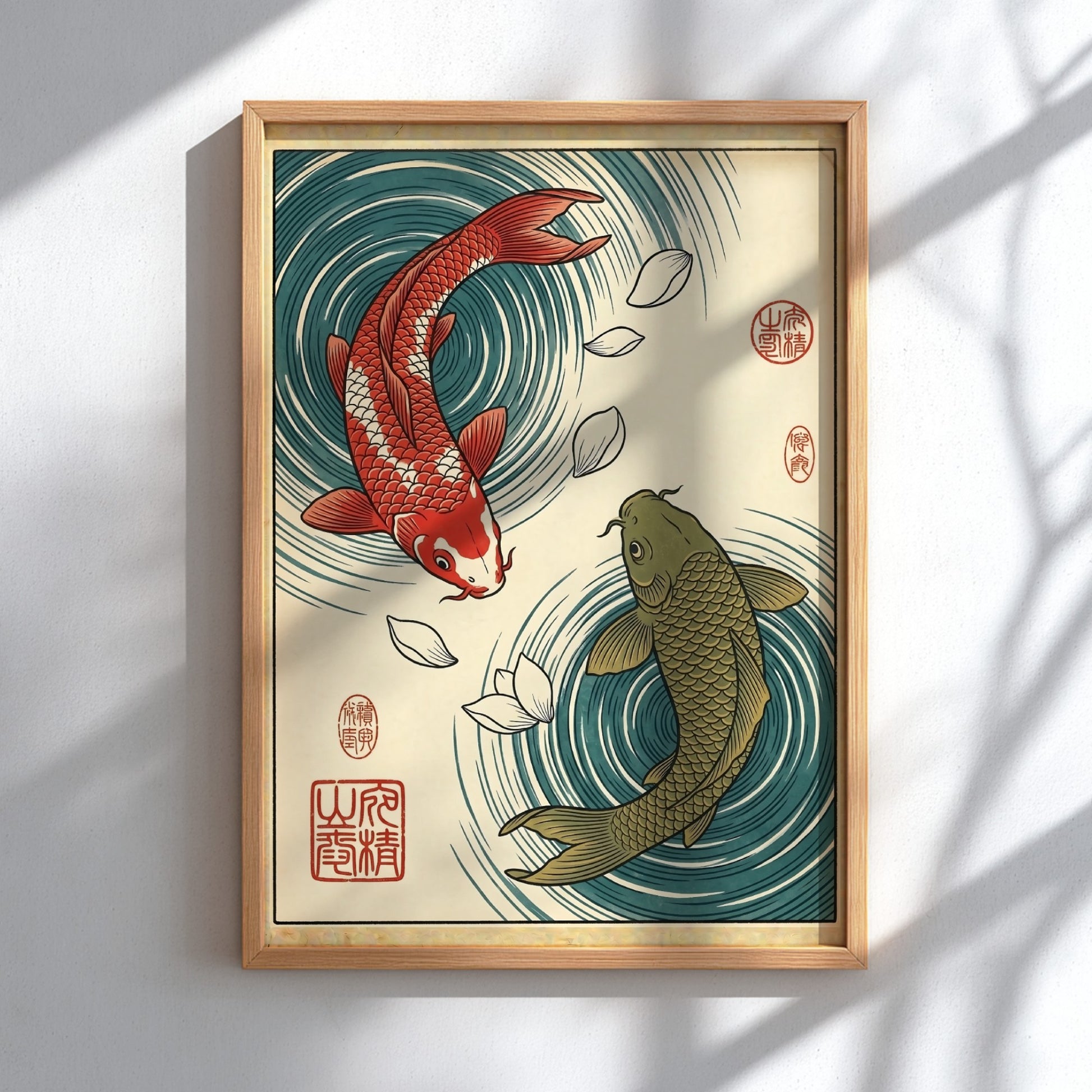 Koi fish poster featuring red and green koi in blue water, Japanese art style