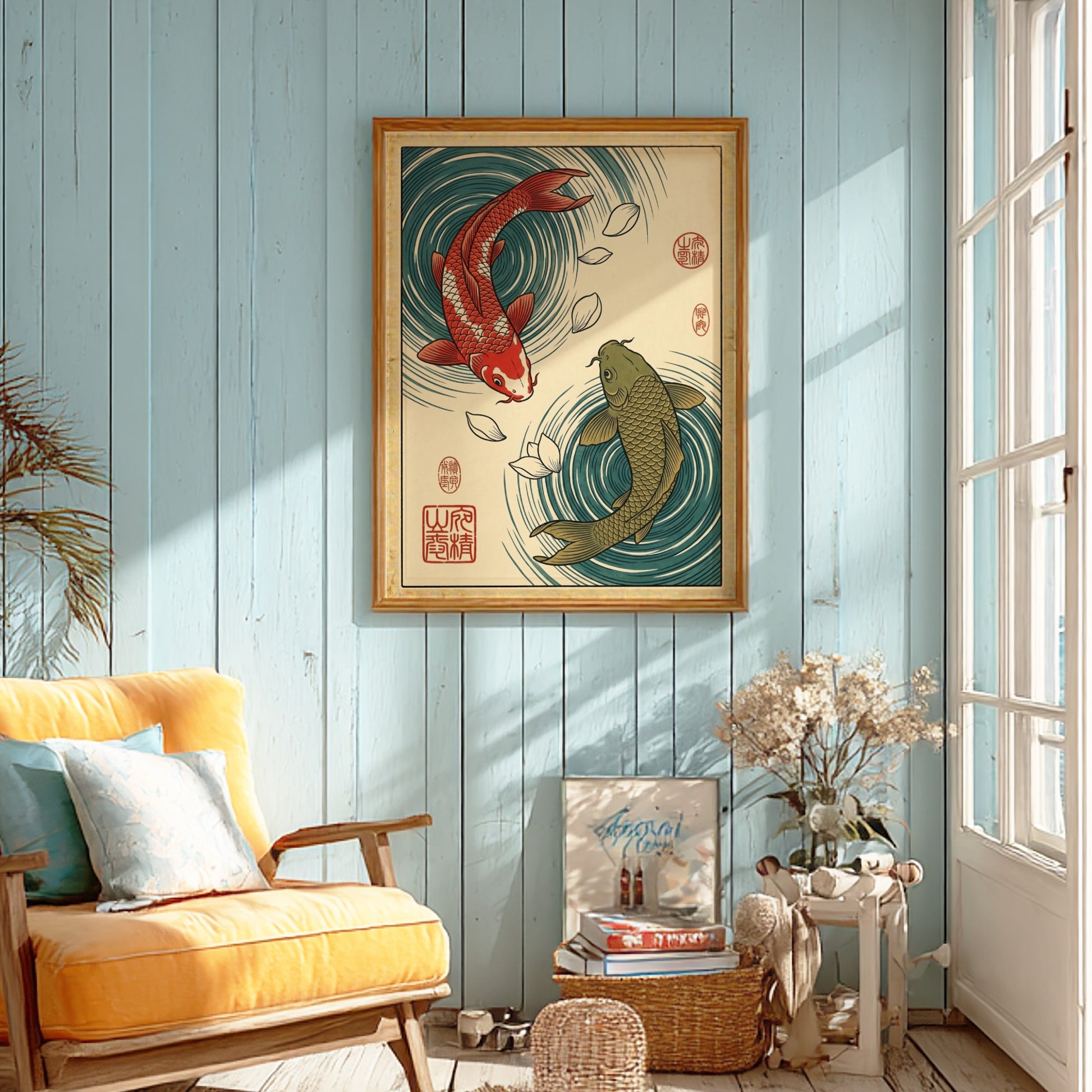 Koi fish poster featuring red and green koi in blue water, Japanese art style