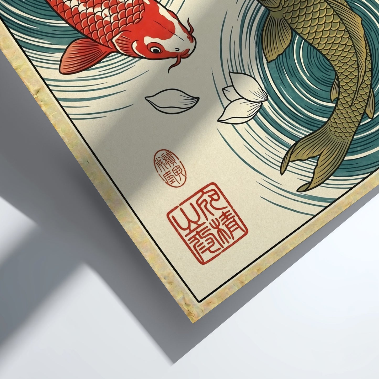 Koi fish poster featuring red and green koi in blue water, Japanese art style