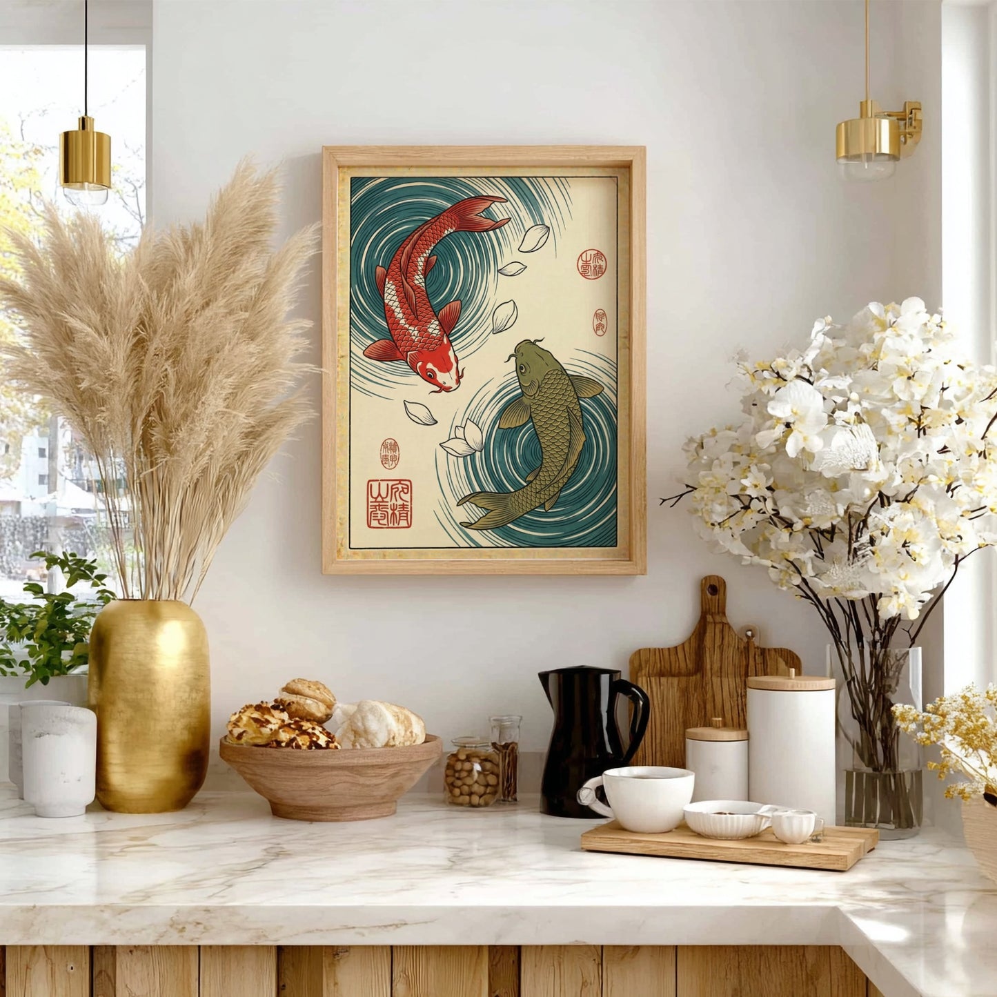 Koi fish poster featuring red and green koi in blue water, Japanese art style
