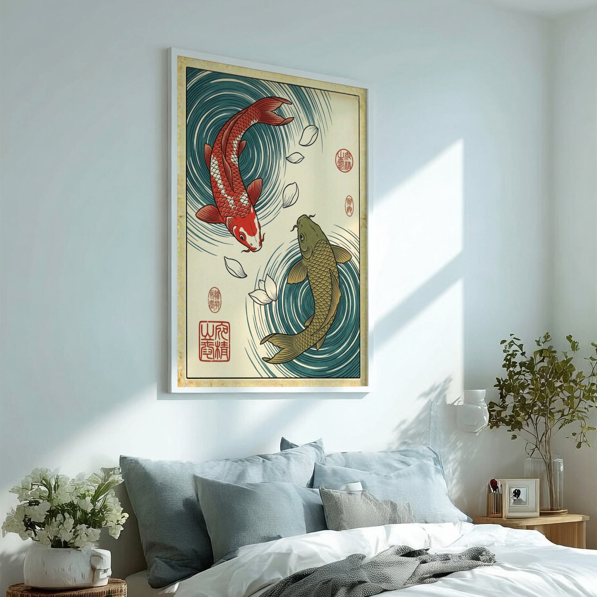 Koi fish poster featuring red and green koi in blue water, Japanese art style