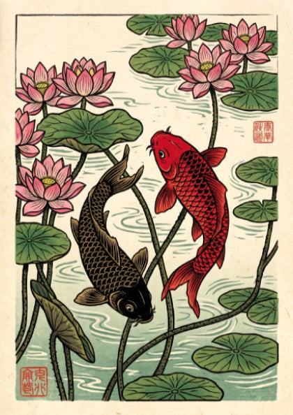 Japanese art style poster featuring koi fish and pink lotus flowers in vibrant colors
