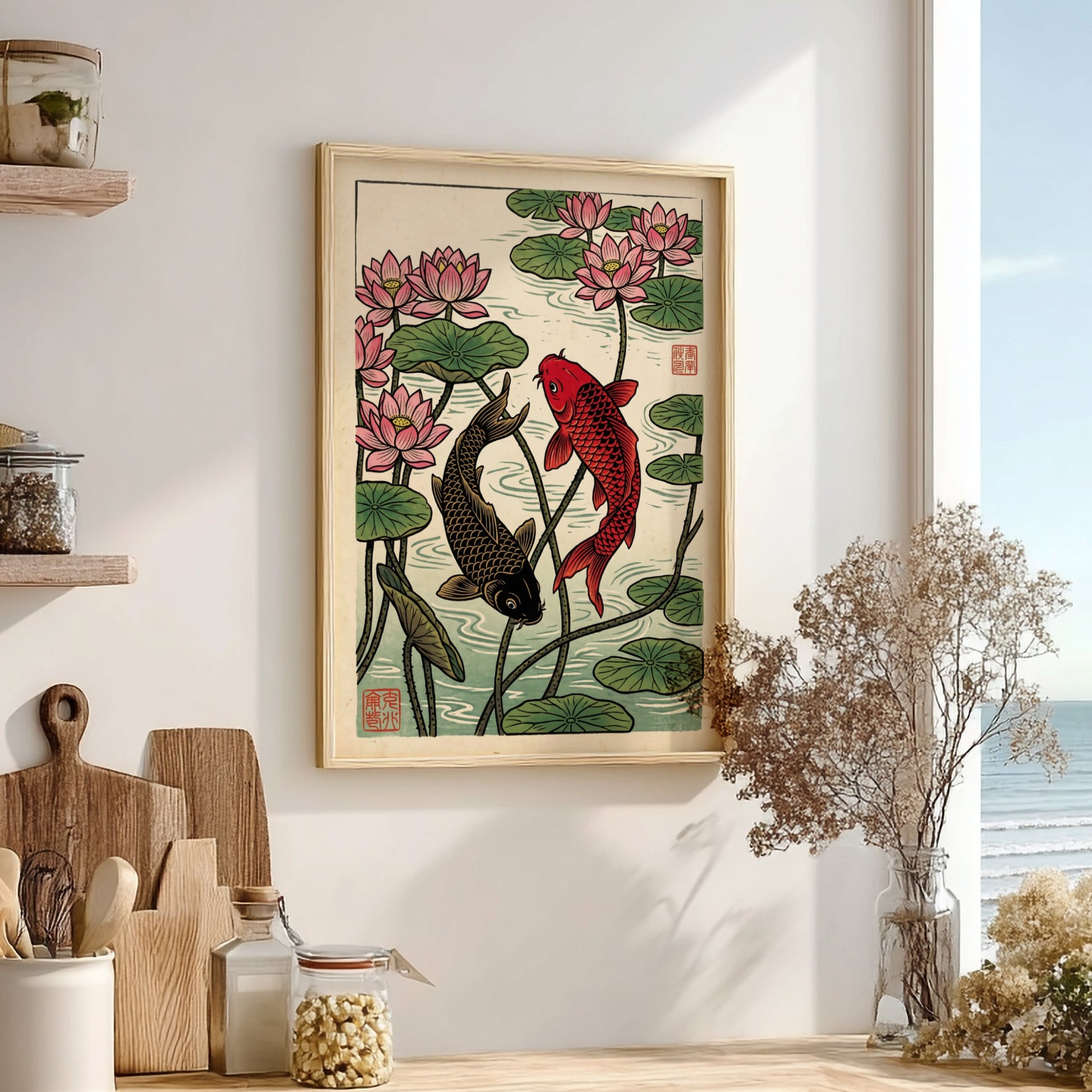 Japanese art style poster featuring koi fish and pink lotus flowers in vibrant colors