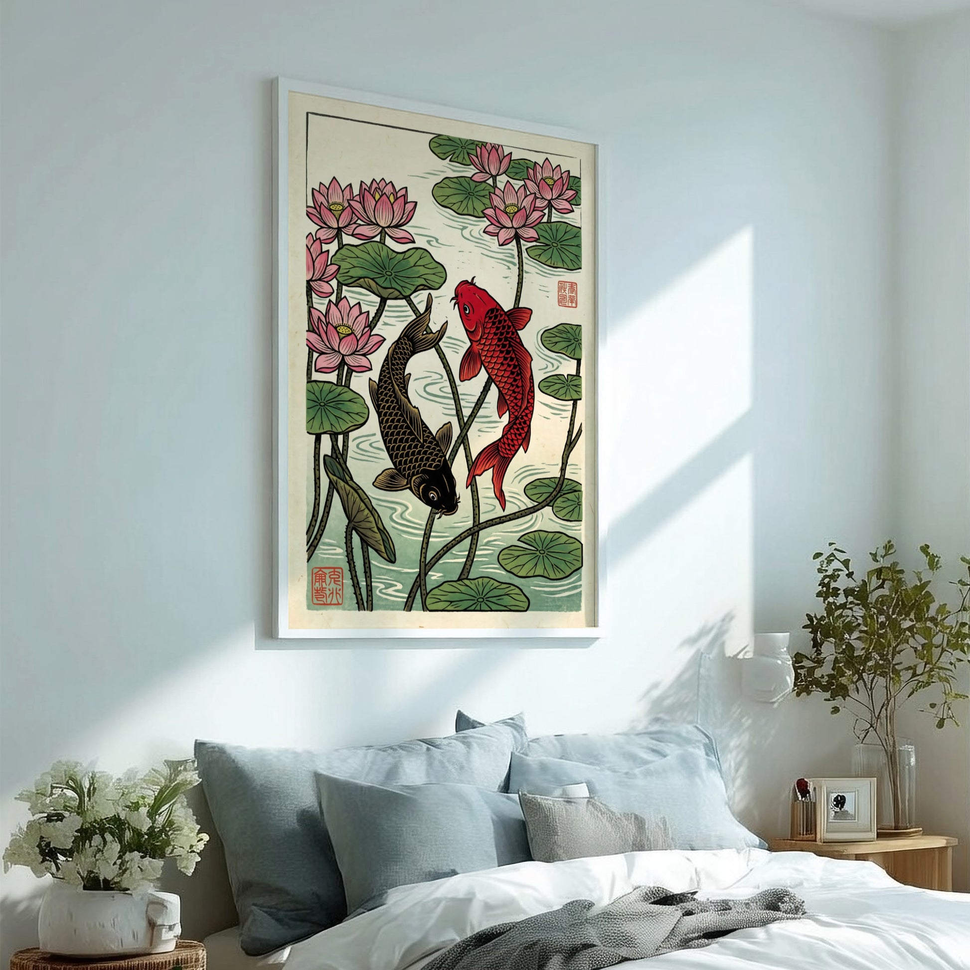 Japanese art style poster featuring koi fish and pink lotus flowers in vibrant colors