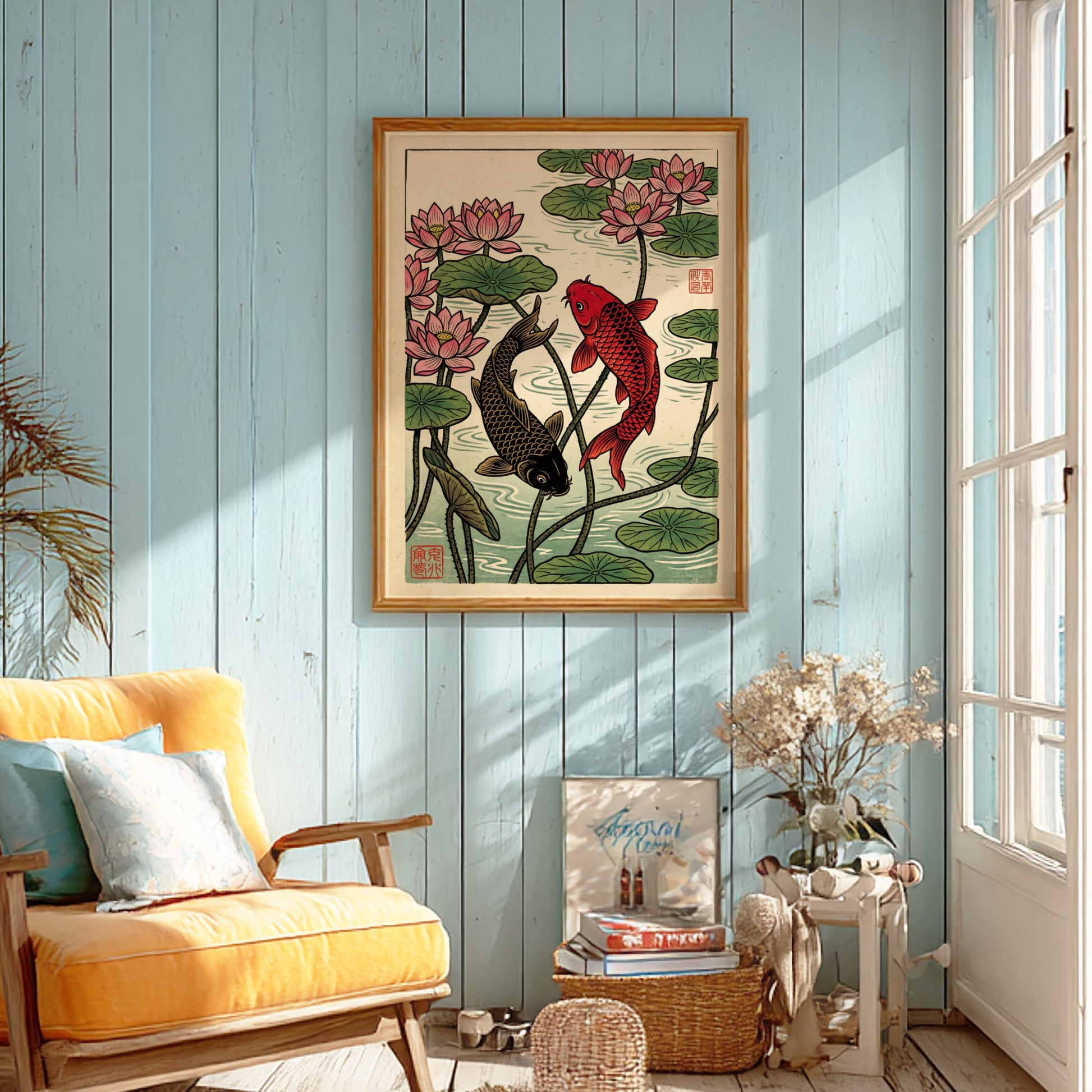 Japanese art style poster featuring koi fish and pink lotus flowers in vibrant colors