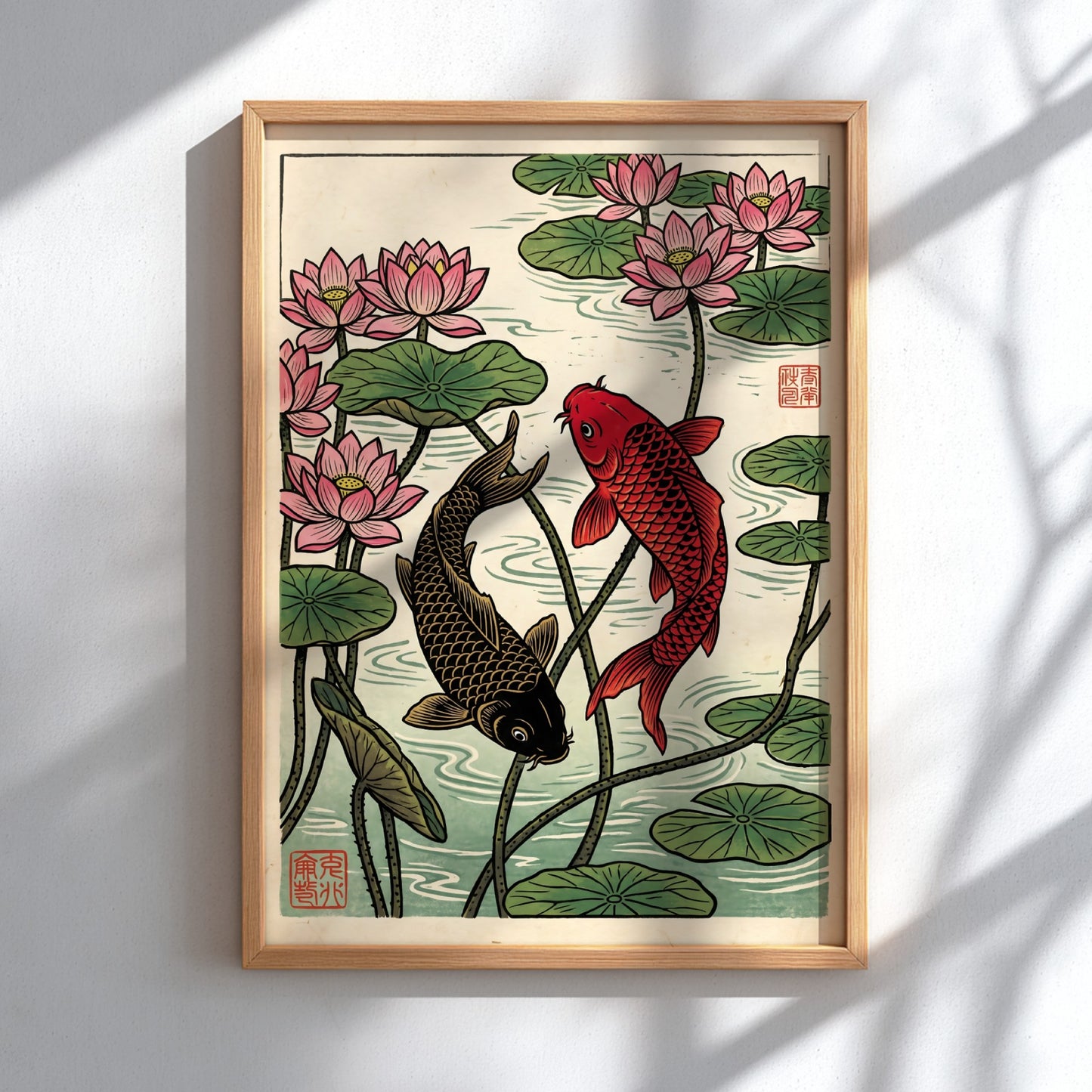 Japanese art style poster featuring koi fish and pink lotus flowers in vibrant colors