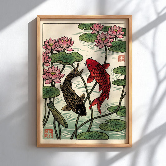 Japanese art style poster featuring koi fish and pink lotus flowers in vibrant colors