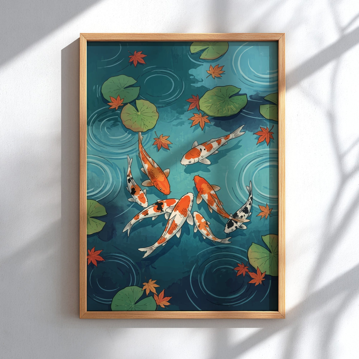 Poster featuring orange koi fish swimming in a teal pond with autumn maple leaves.