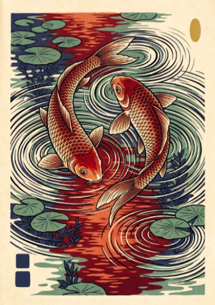Koi fish poster featuring red and green colors in Japanese art style, ideal for wall decor