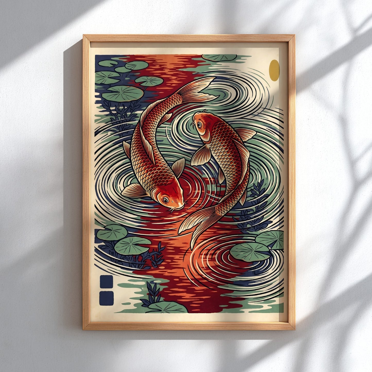 Koi fish poster featuring red and green colors in Japanese art style, ideal for wall decor