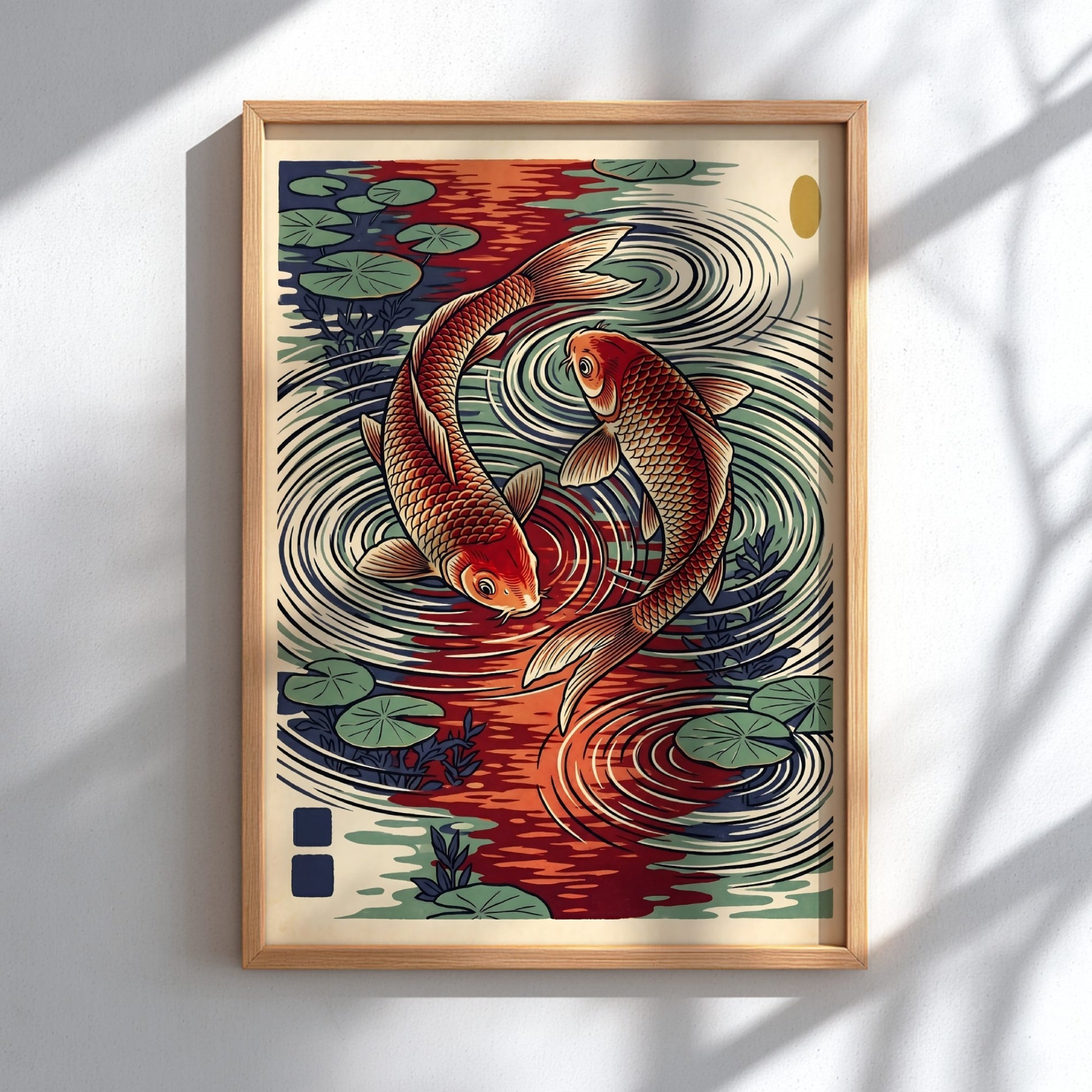 Koi fish poster featuring red and green colors in Japanese art style, ideal for wall decor