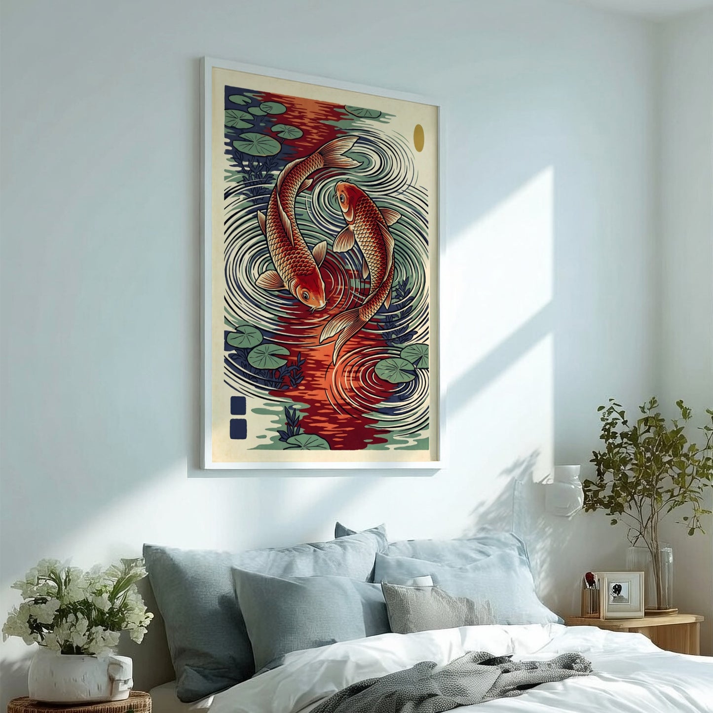 Koi fish poster featuring red and green colors in Japanese art style, ideal for wall decor