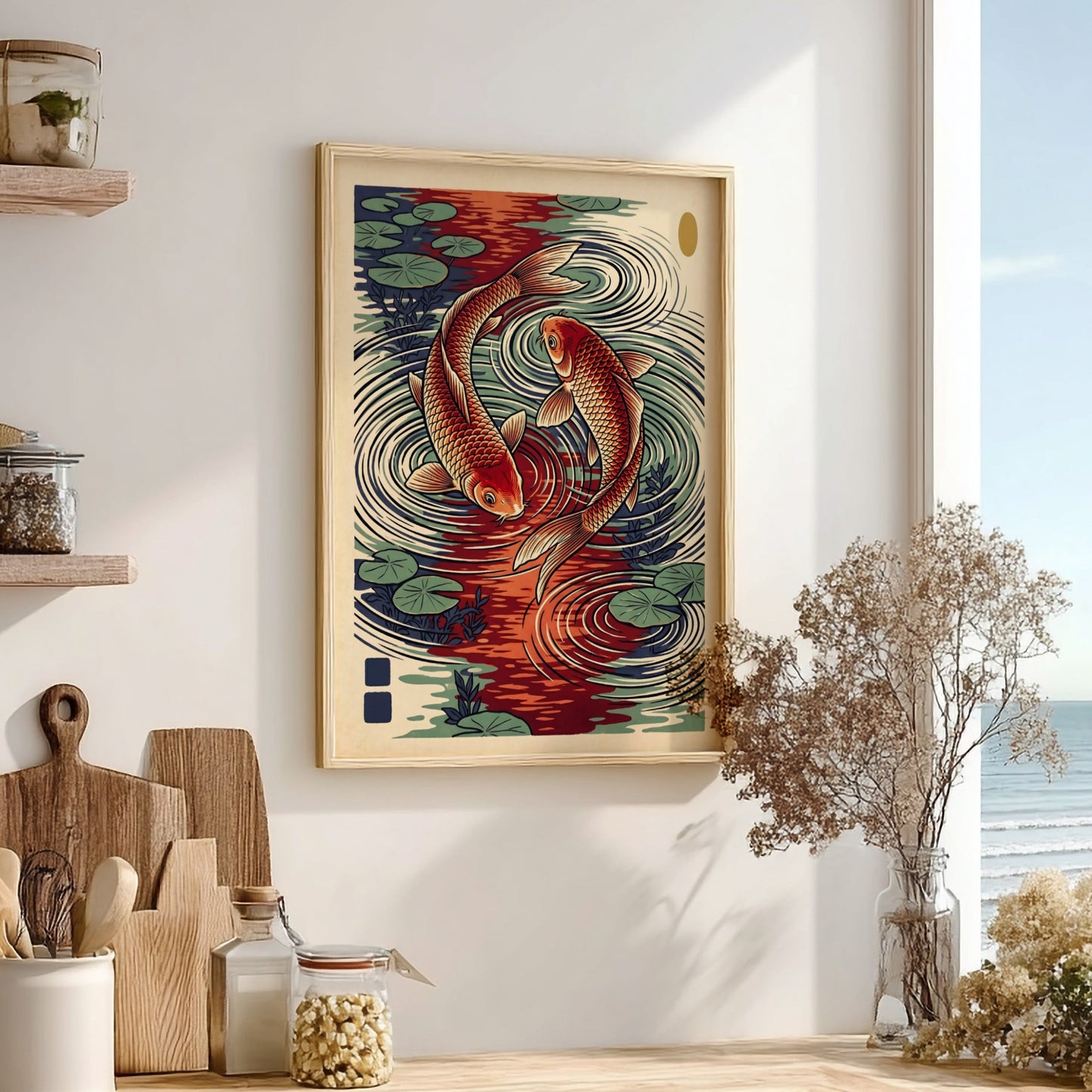 Koi fish poster featuring red and green colors in Japanese art style, ideal for wall decor