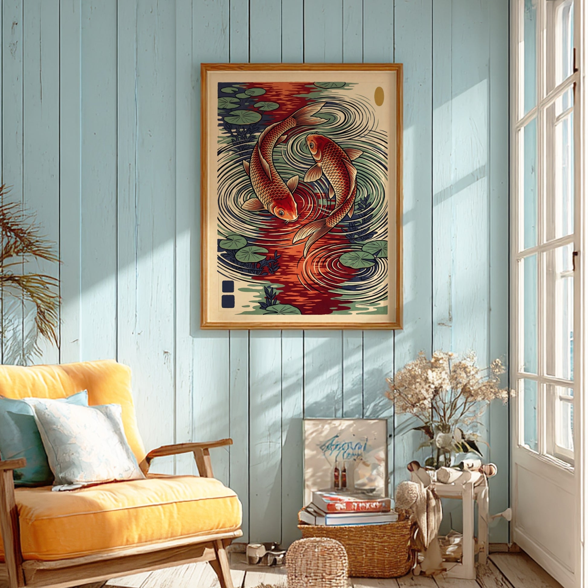 Koi fish poster featuring red and green colors in Japanese art style, ideal for wall decor