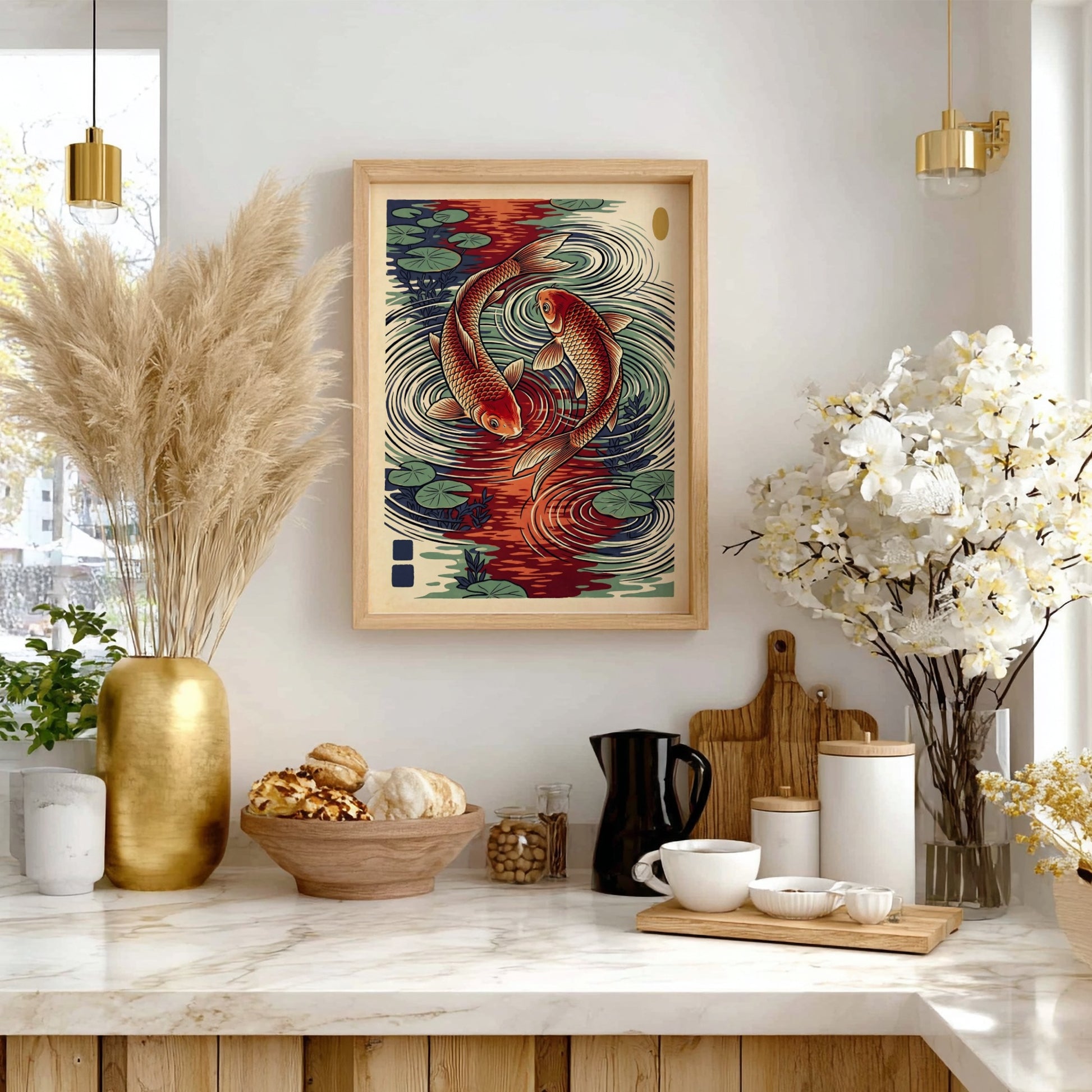 Koi fish poster featuring red and green colors in Japanese art style, ideal for wall decor