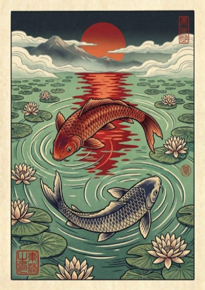 Koi fish sunset poster featuring vibrant colors and water lilies in Japanese art style