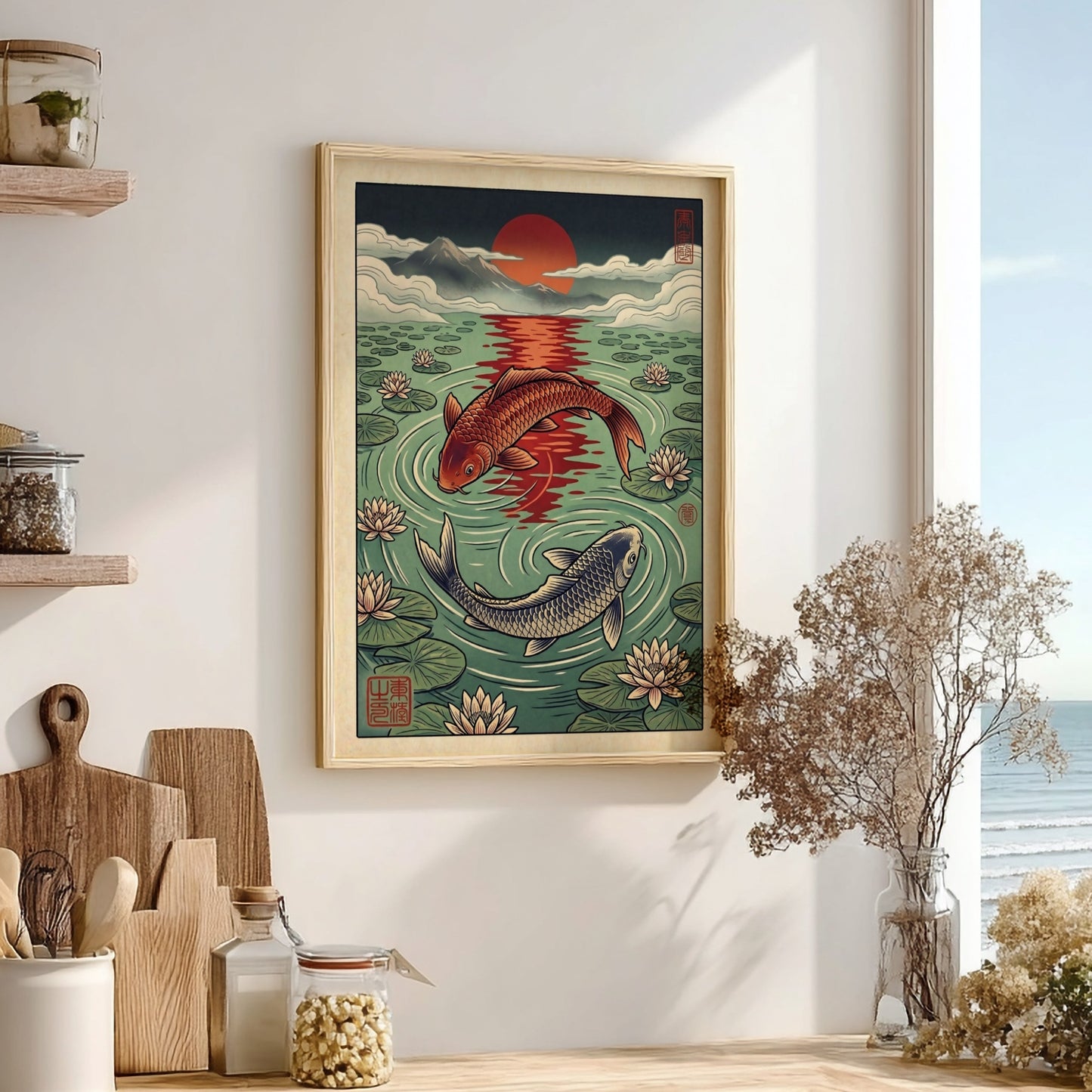 Koi fish sunset poster featuring vibrant colors and water lilies in Japanese art style