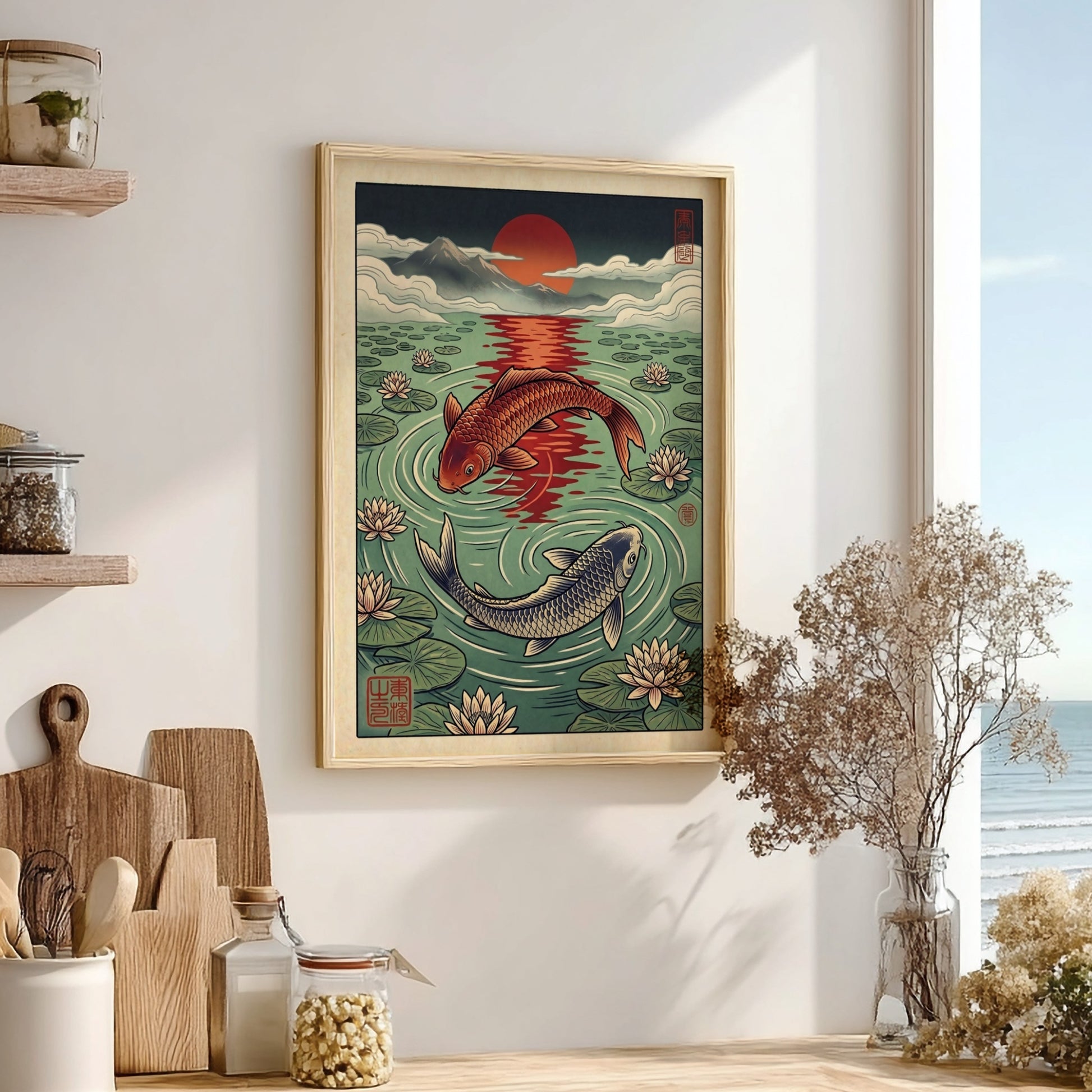 Koi fish sunset poster featuring vibrant colors and water lilies in Japanese art style