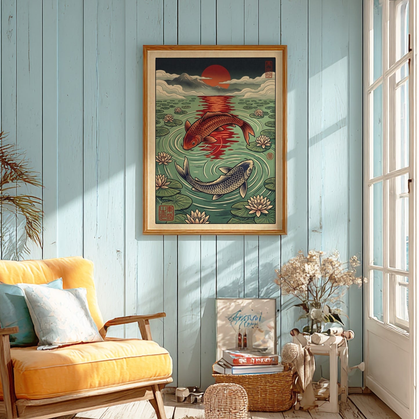Koi fish sunset poster featuring vibrant colors and water lilies in Japanese art style