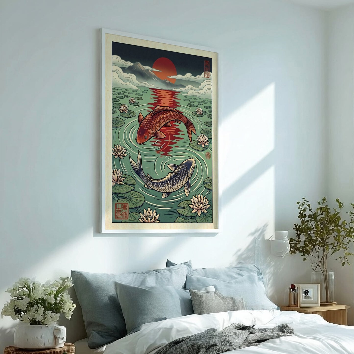 Koi fish sunset poster featuring vibrant colors and water lilies in Japanese art style