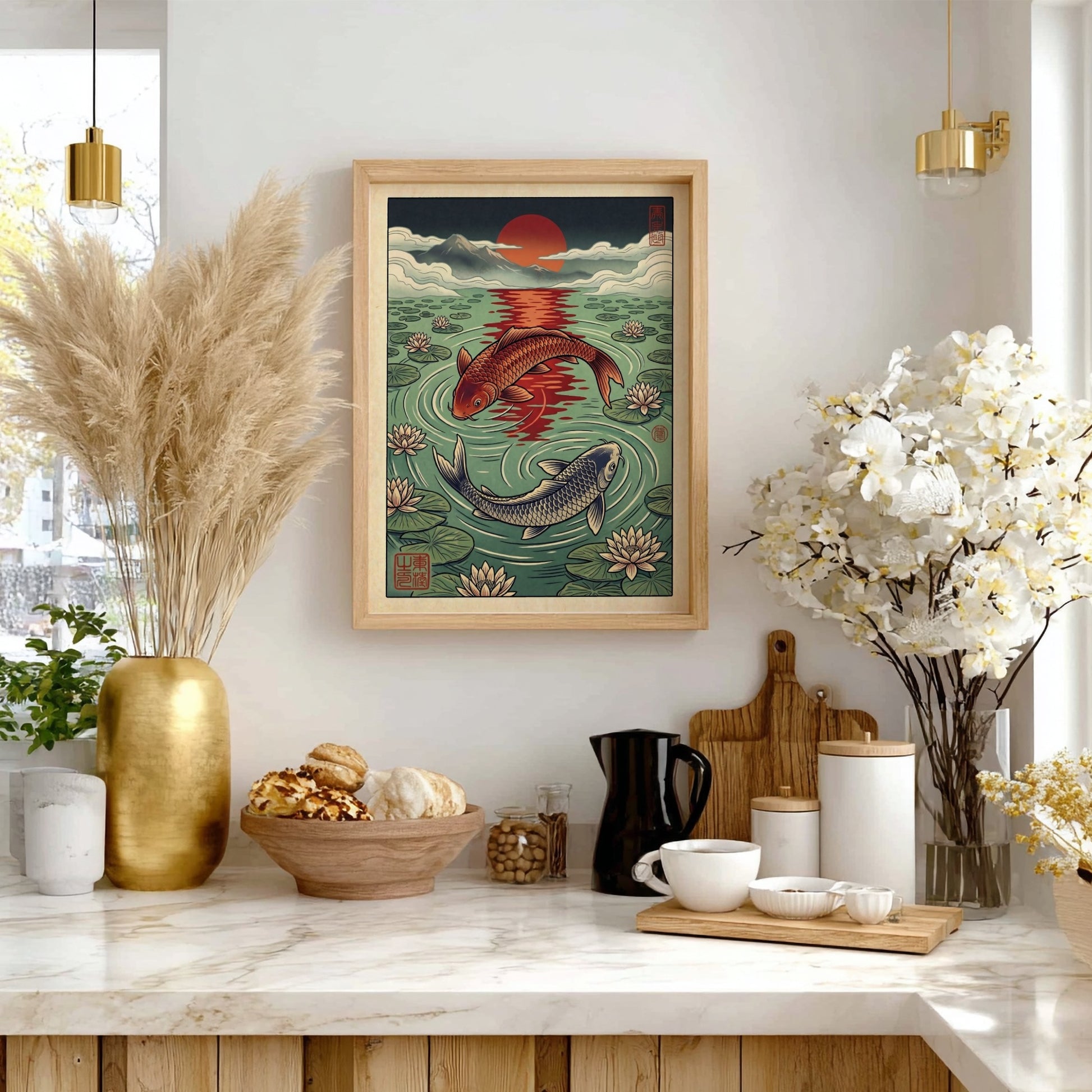 Koi fish sunset poster featuring vibrant colors and water lilies in Japanese art style
