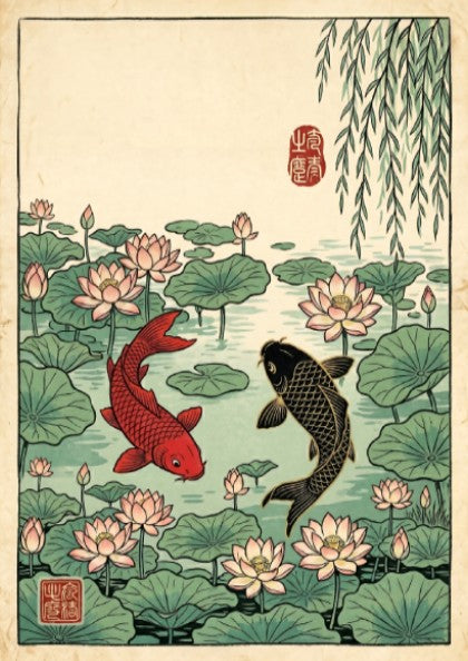 Koi fish pond poster featuring vibrant colors, Japanese art style, and serene nature elements.