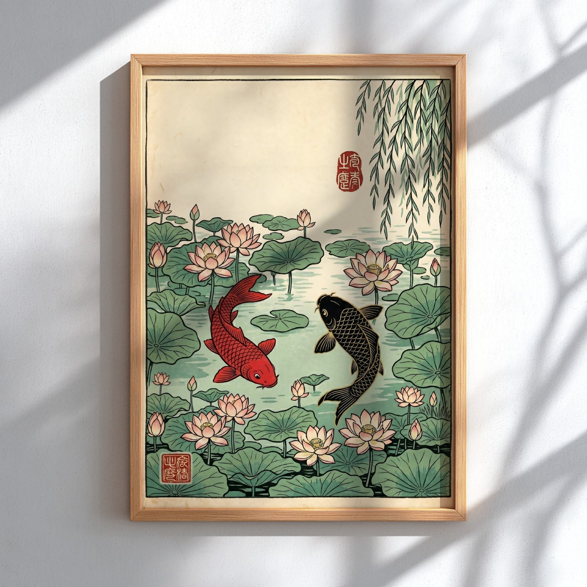 Koi fish pond poster featuring vibrant colors, Japanese art style, and serene nature elements.