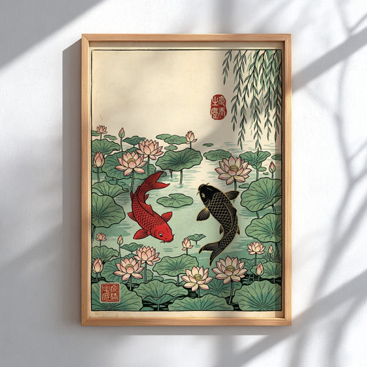 Koi fish pond poster featuring vibrant colors, Japanese art style, and serene nature elements.