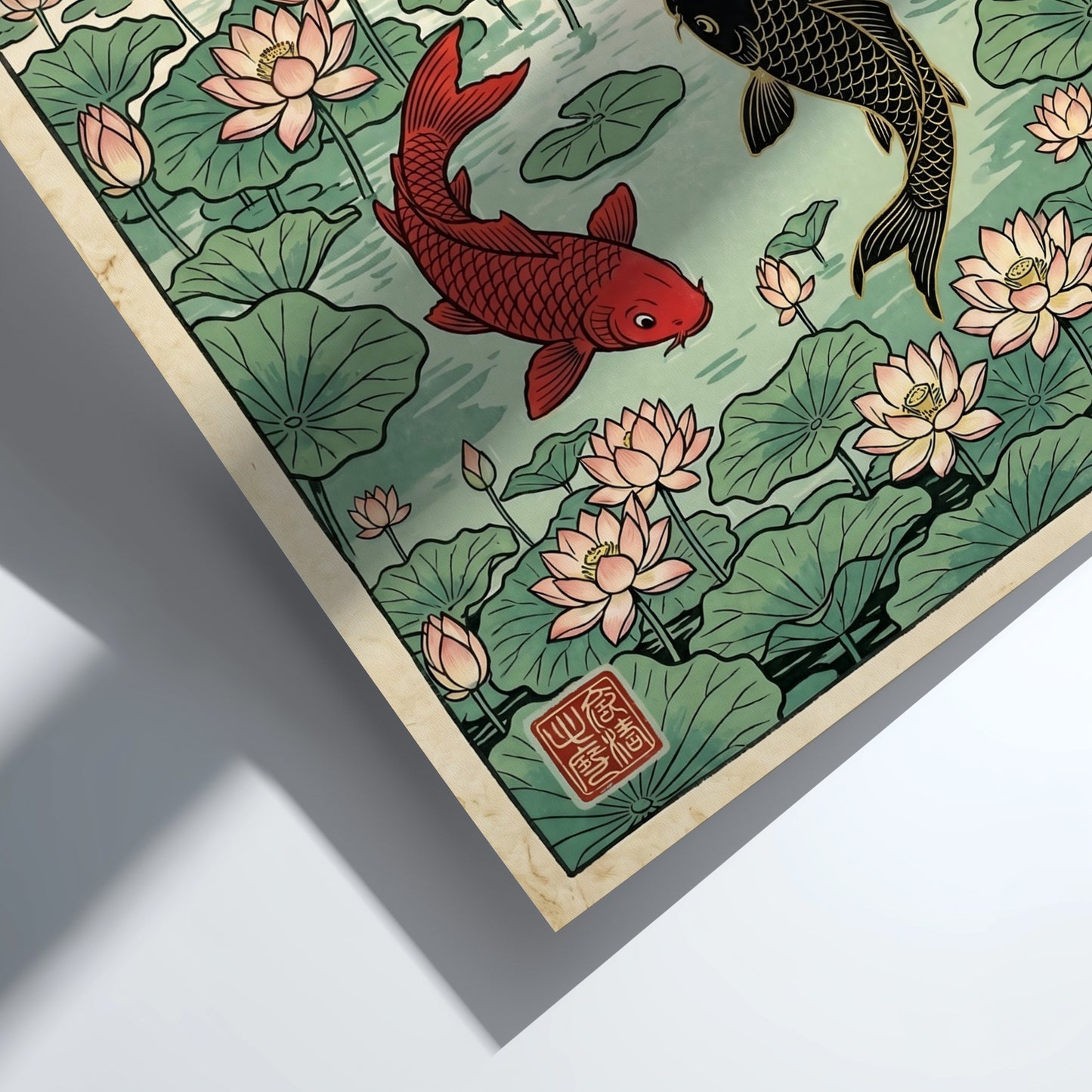 Koi fish pond poster featuring vibrant colors, Japanese art style, and serene nature elements.