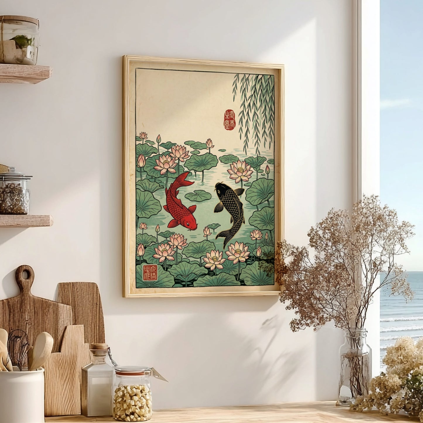 Koi fish pond poster featuring vibrant colors, Japanese art style, and serene nature elements.