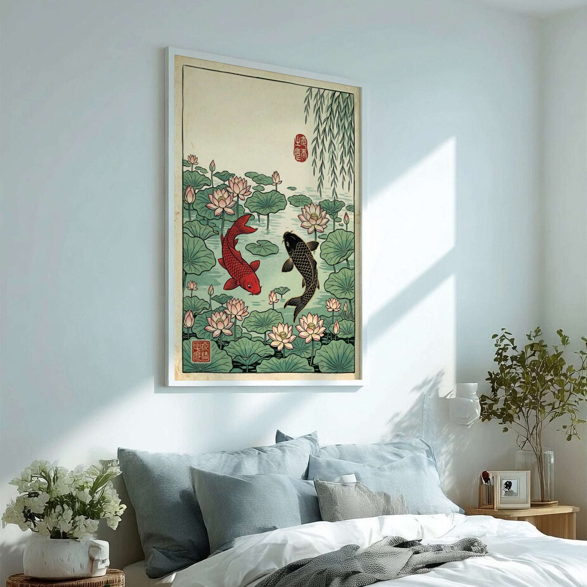 Koi fish pond poster featuring vibrant colors, Japanese art style, and serene nature elements.