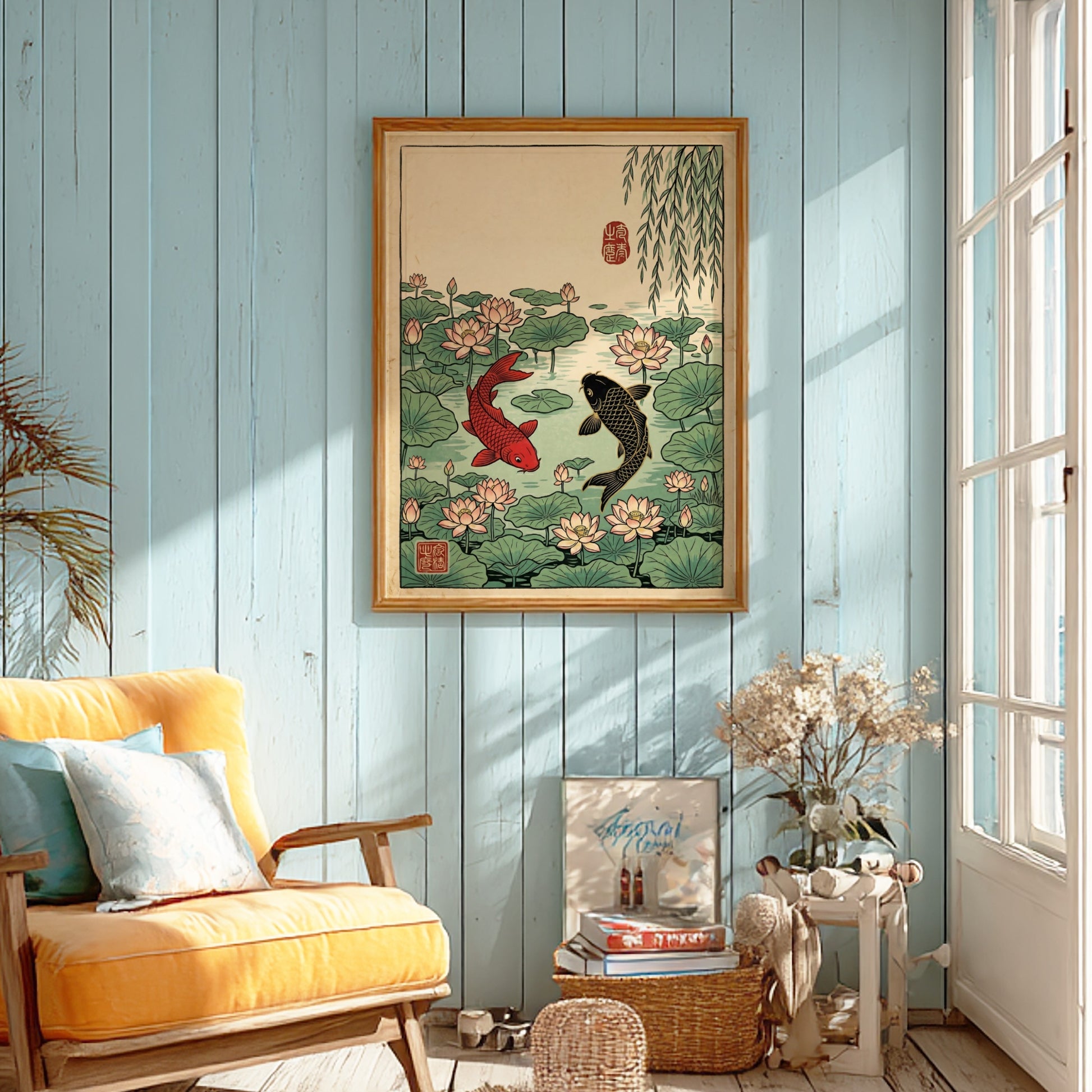 Koi fish pond poster featuring vibrant colors, Japanese art style, and serene nature elements.