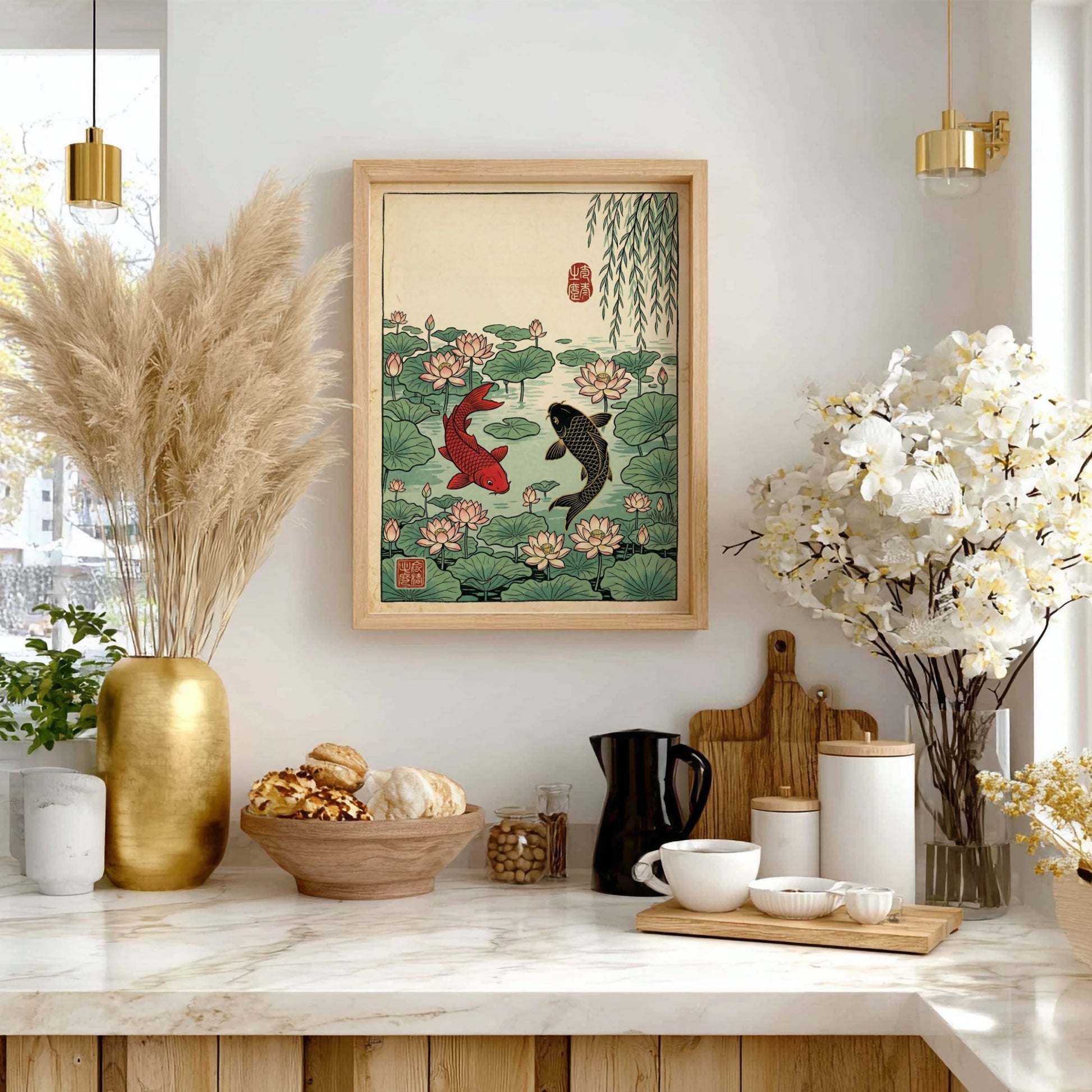 Koi fish pond poster featuring vibrant colors, Japanese art style, and serene nature elements.