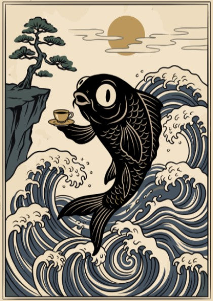 Poster featuring a black koi fish holding a teacup among blue Japanese waves