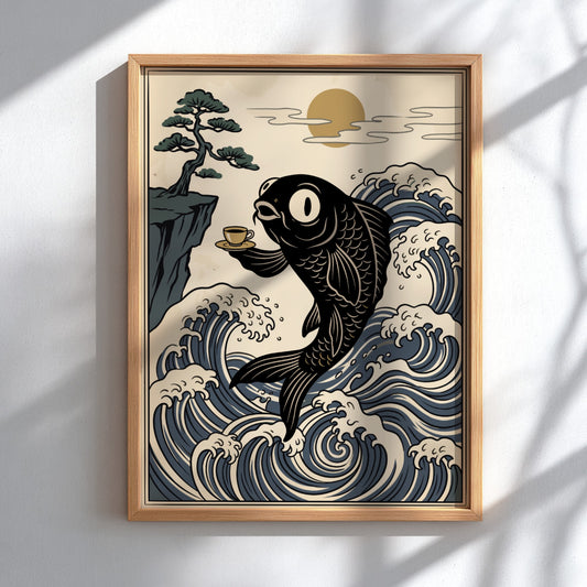 Poster featuring a black koi fish holding a teacup among blue Japanese waves