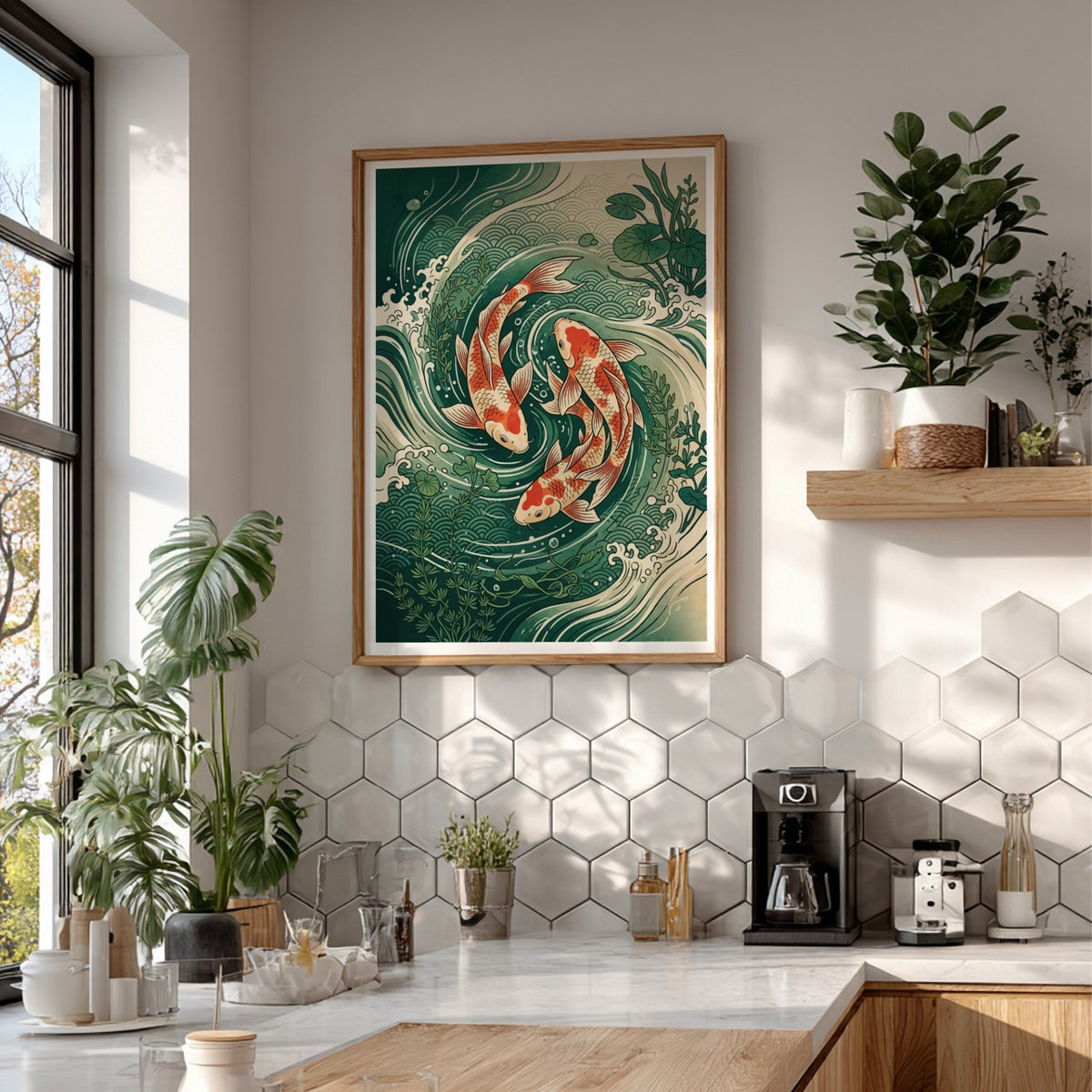 Japanese woodblock style wall decor featuring two orange koi fish swimming in green waves