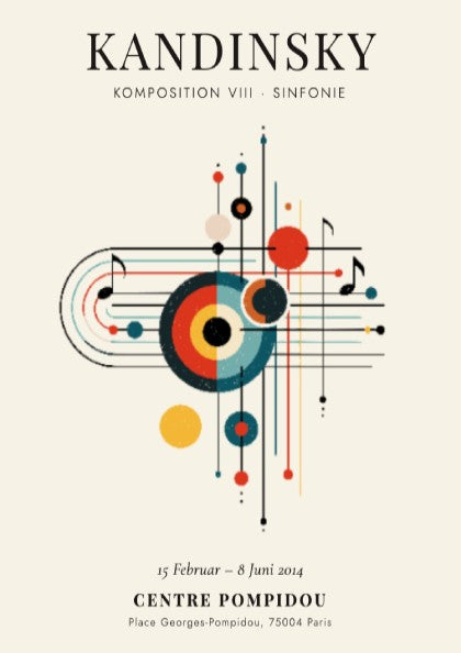 Kandinsky inspired poster featuring abstract shapes and vibrant colors in a modern art style