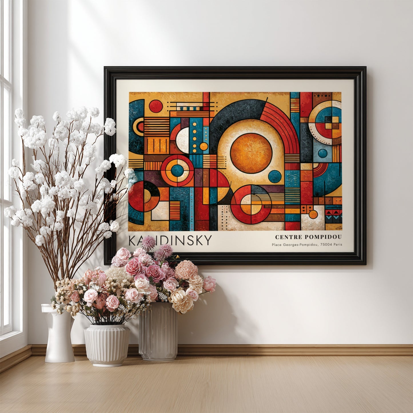 Wall art poster featuring Kandinsky geometric abstract shapes in red, blue, and gold tones.