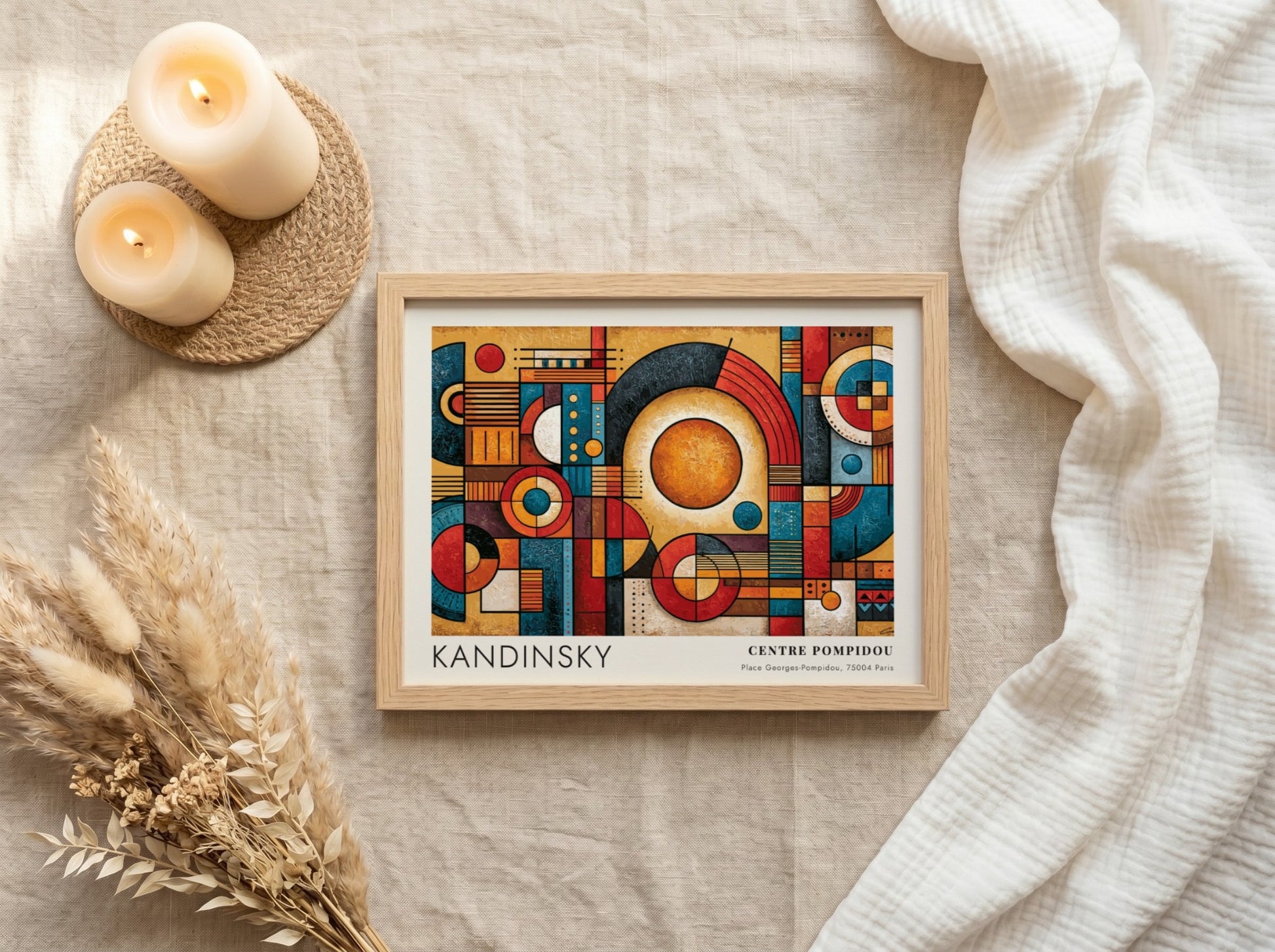 Wall art poster featuring Kandinsky geometric abstract shapes in red, blue, and gold tones.