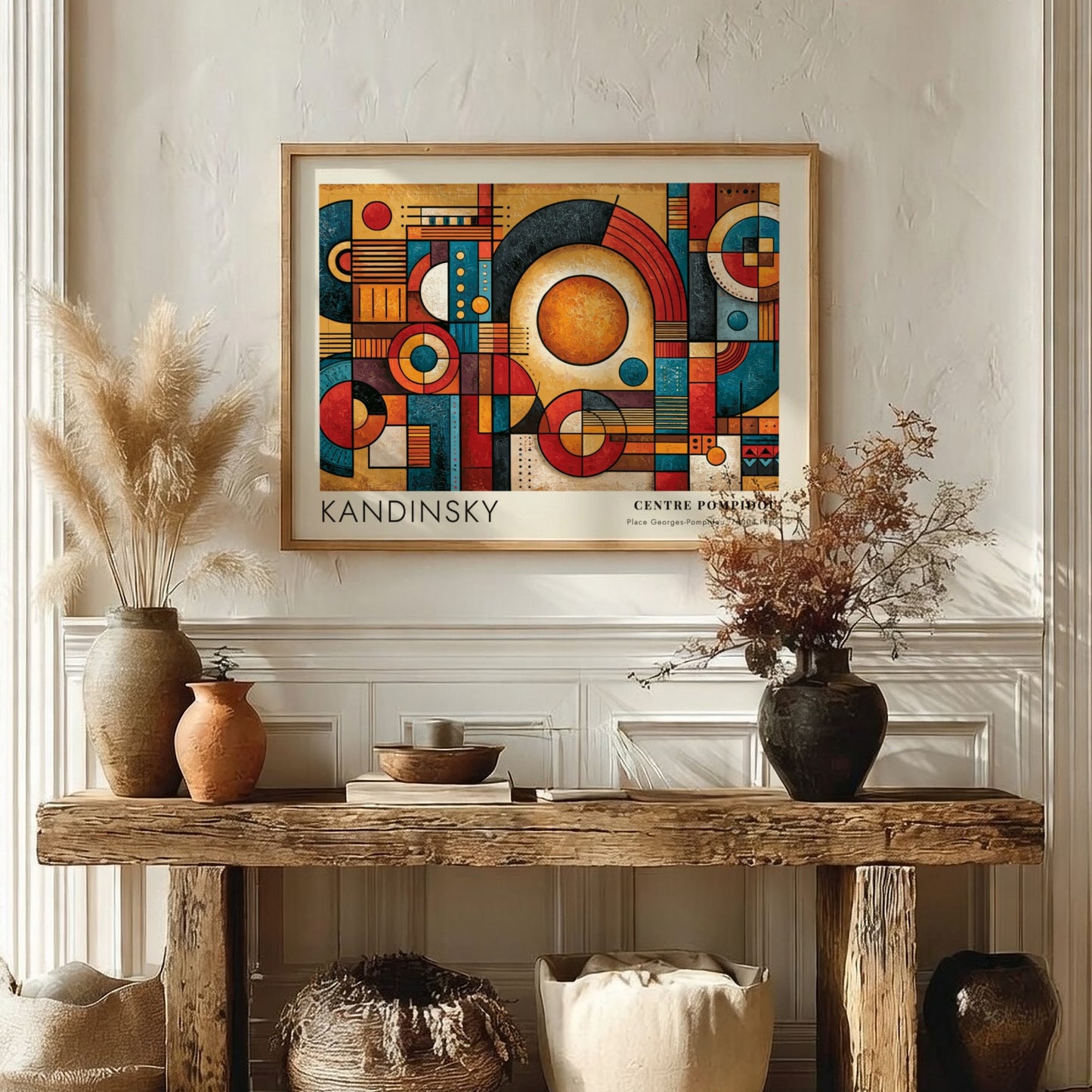 Wall art poster featuring Kandinsky geometric abstract shapes in red, blue, and gold tones.