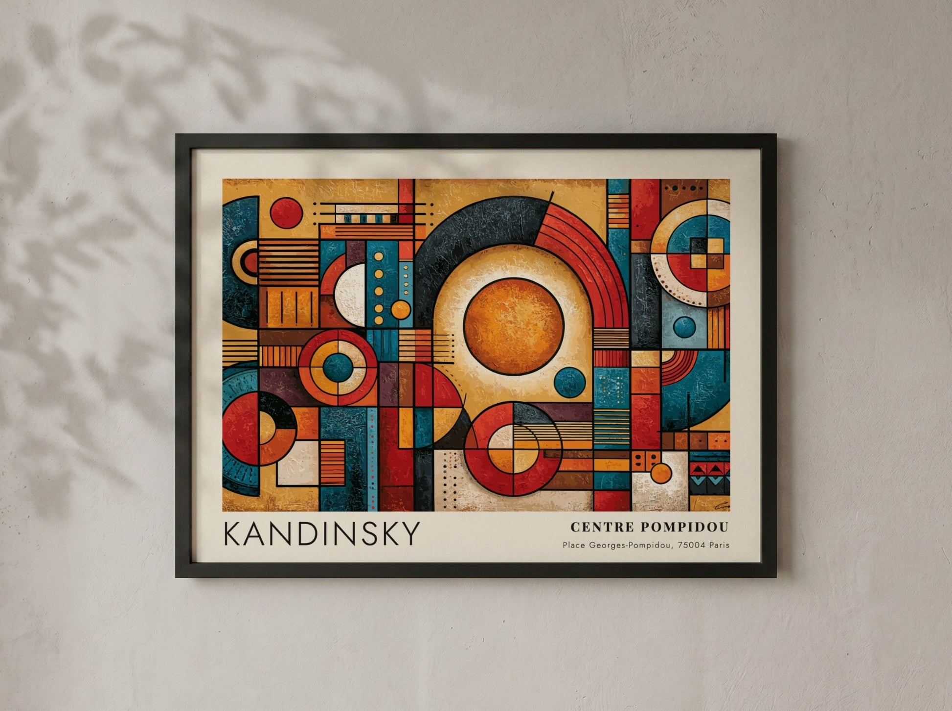 Wall art poster featuring Kandinsky geometric abstract shapes in red, blue, and gold tones.