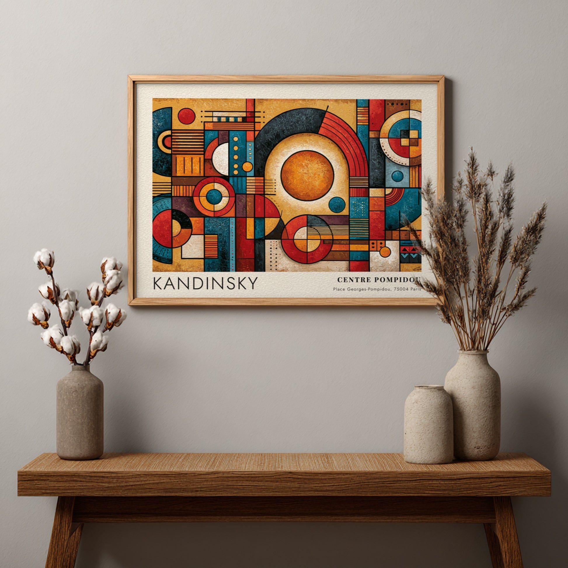 Wall art poster featuring Kandinsky geometric abstract shapes in red, blue, and gold tones.